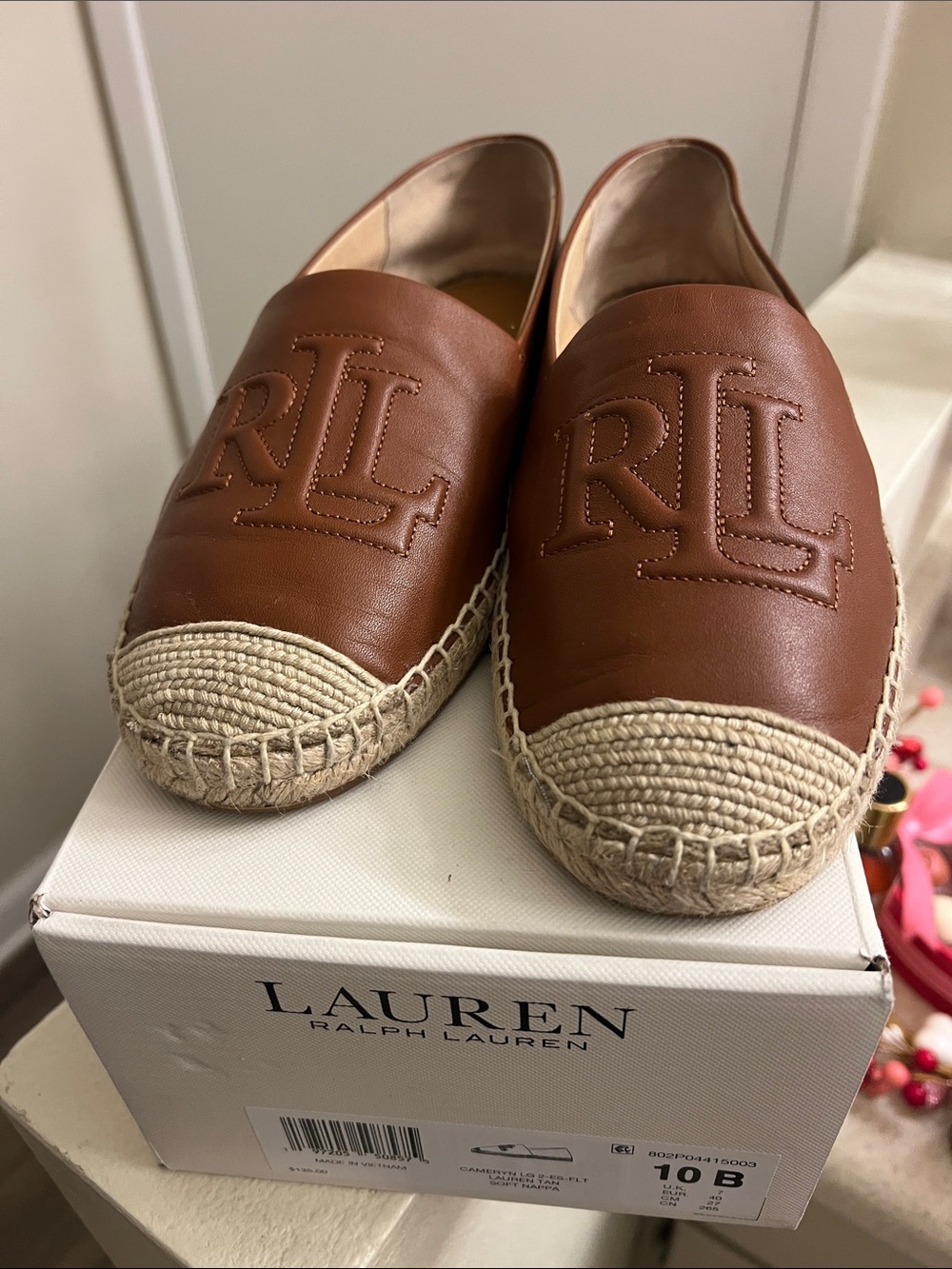 Lauren Ralph Lauren Tan Leather Espadrille Flats with Rope Toe